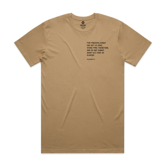 Khaki Freedom in Christ Christian T-Shirt Front Side