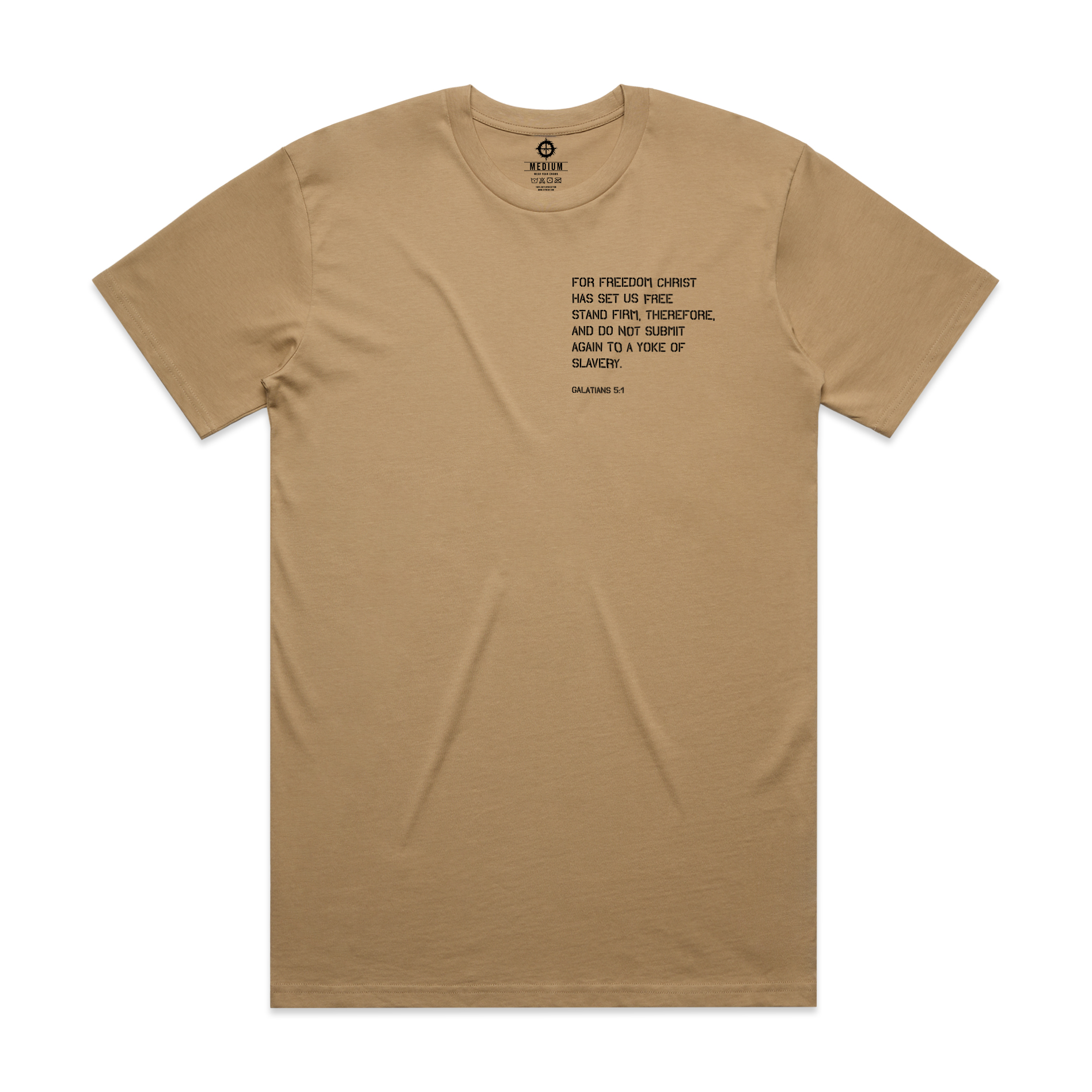 Khaki Freedom in Christ Christian T-Shirt Front Side