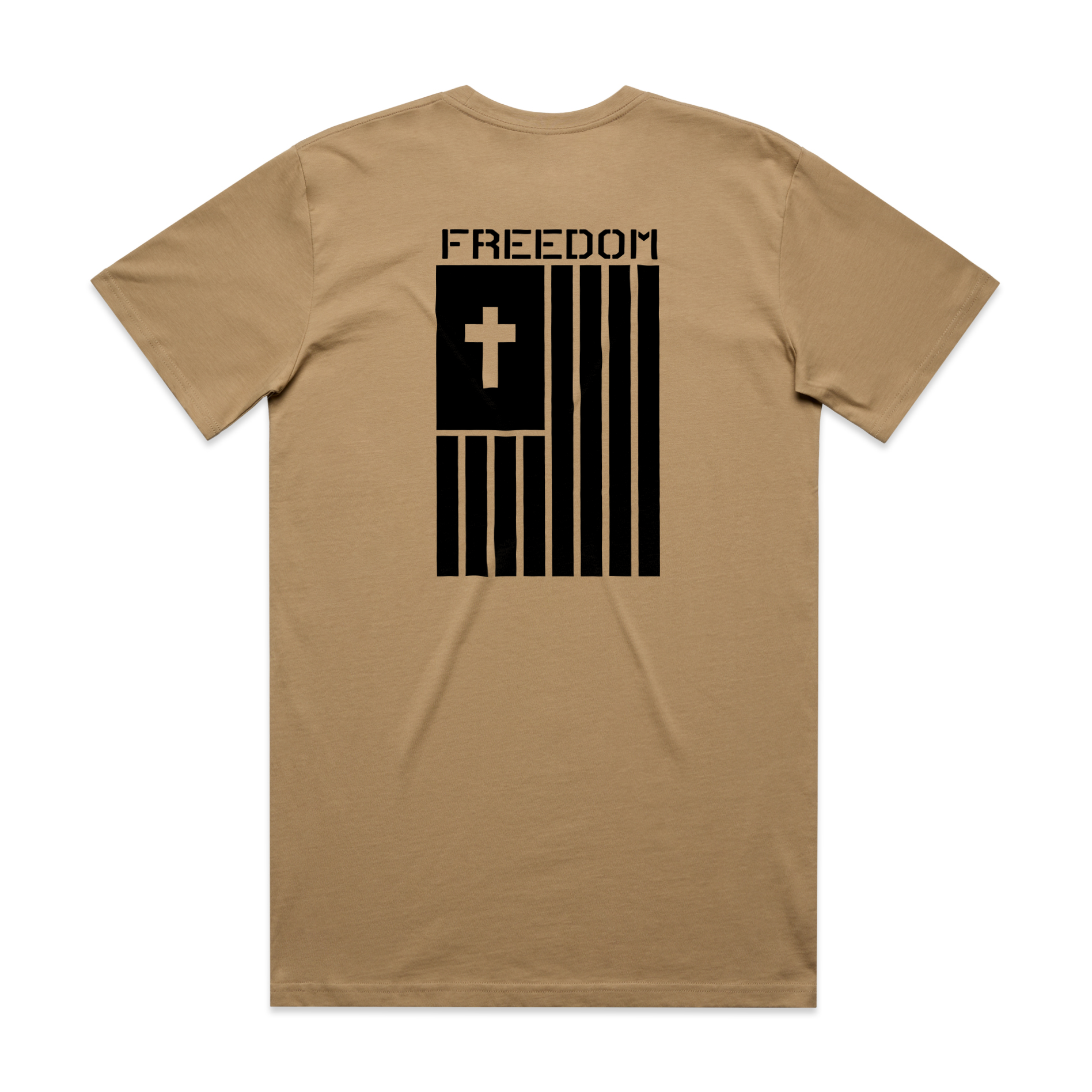 Khaki Freedom in Christ Christian T-Shirt Rear Side